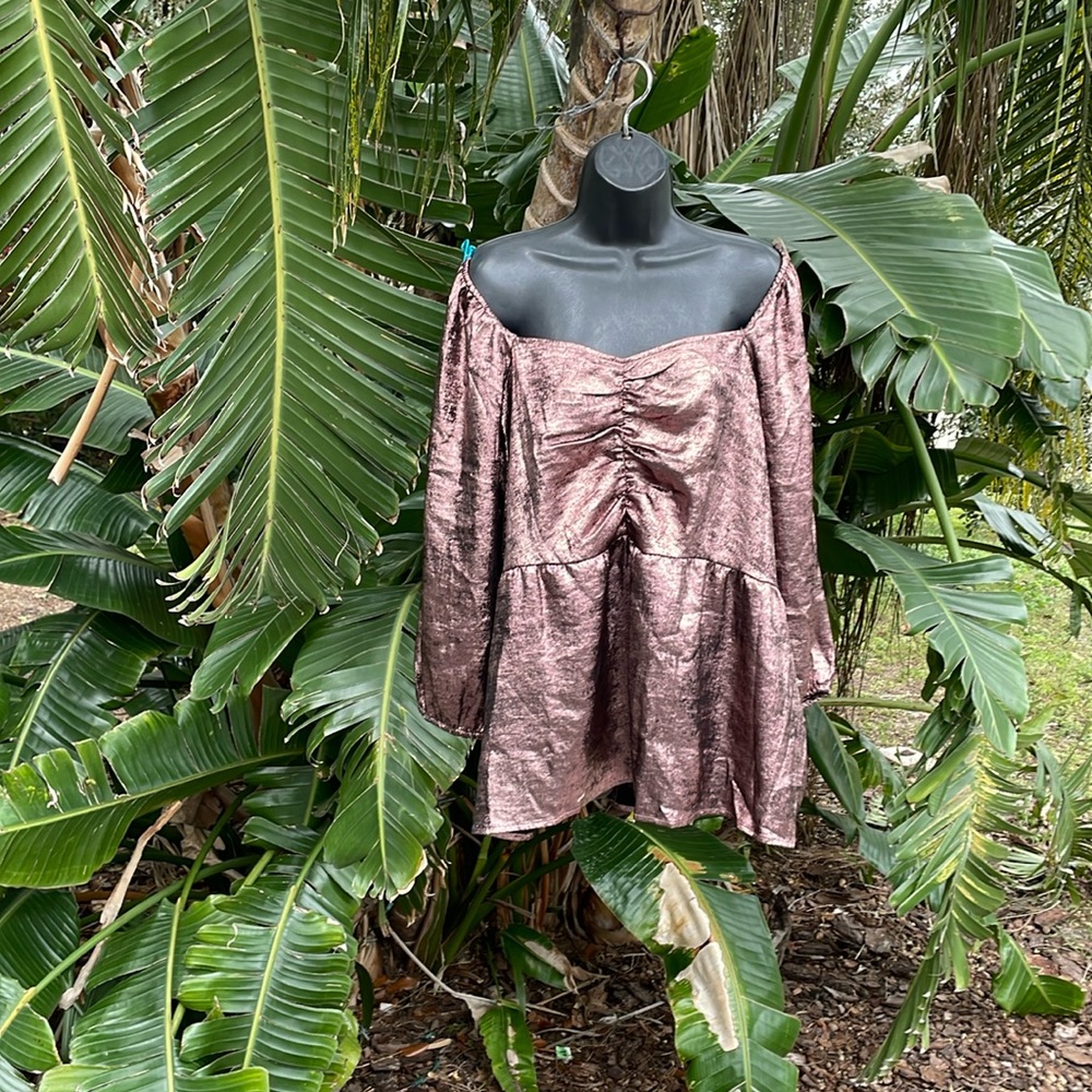 Illusion collection metallic off the shoulder peplum top
